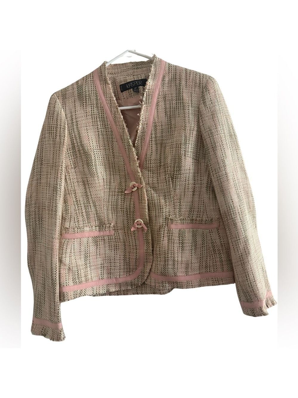 Kasper Tweed Luxe Novelty Blazer Pink Trim Sz 4 Petite Cream Fringe Raw Edge $78